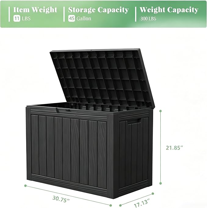 DRATO 45 Gallon Deck Box, Outdoor Storage Box for Patio Furniture, Patio Cushions, Gardening Tools, Pool Supplies 480lbs Weight Capacity, Waterproof Resin Storage Boxes (Black, 45 Gallon)