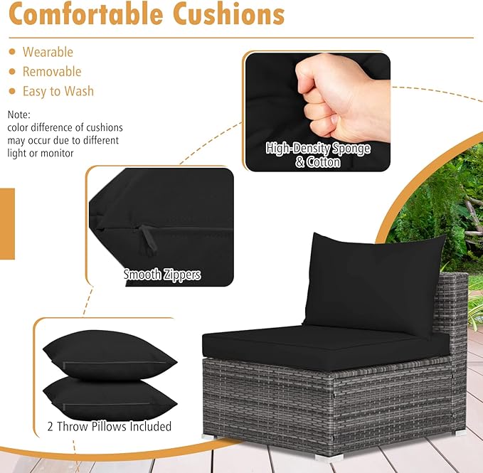 Tangkula 7 Piece Patio Wicker Furniture Set, Outdoor Rattan Sectional Sofa Set for 6 with Seat & Back Cushions, 2 Throw Pillows, Sofa Fastener Clips, for Backyard, Poolside, Deck and Garden (Black)