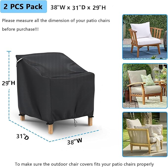 Gasadar Patio Chair Cover - 2 Pack, Patio Furniture Covers Waterproof, Heavy Duty Outdoor Chair Covers, Lawn Outdoor Furniture Cover -38" W x 31" D x 29" H