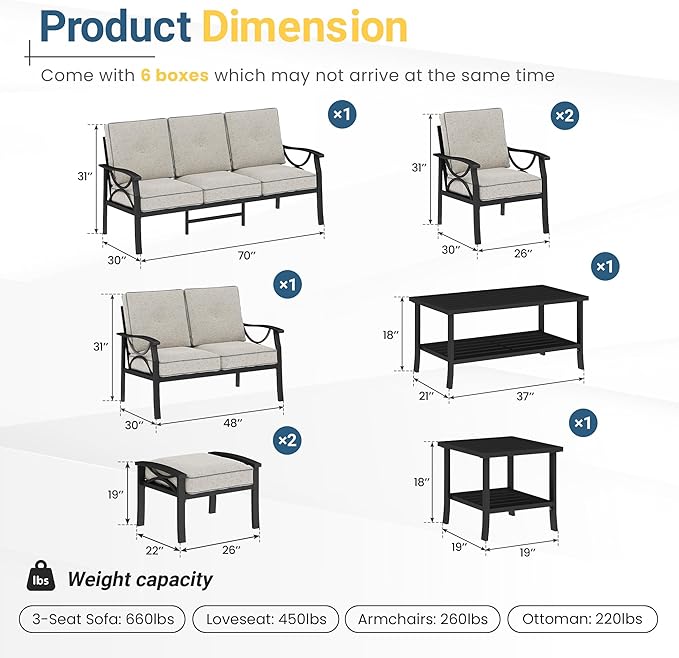 RoyalCraft 8-Pieces Outdoor Patio Furniture Set, Outdoor Metal Sectional Furniture with Cushions, Outdoor Conversation Seating Set with Coffee Table for Balcony, Backyard, Garden, Deck, Black