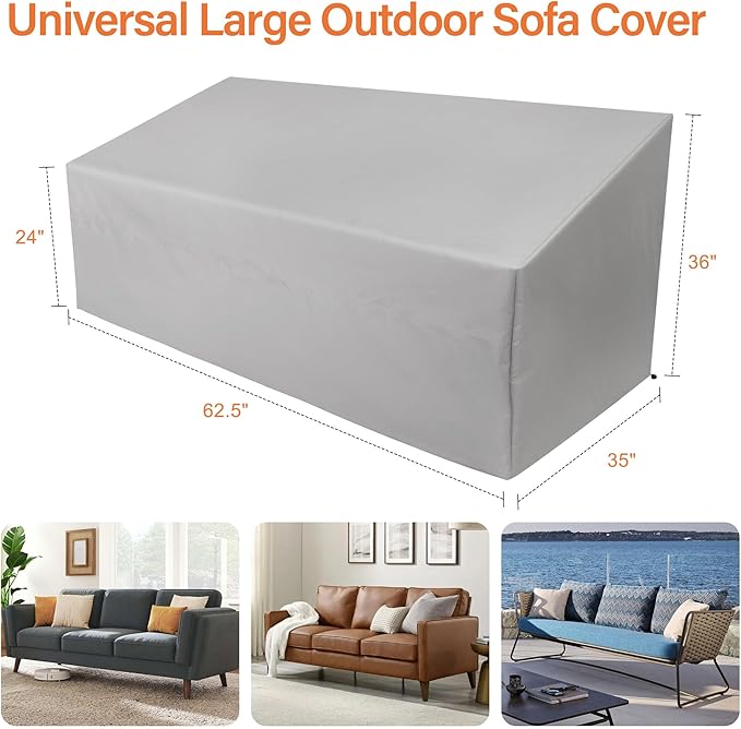 Patio Sofa Cover Waterproof, Heavy Duty 2 Seater Outdoor Bench Loveseat Cover,Patio Furniture Covers for Outside Sofa, Loveseat, Couch, Bench and Glider (Grey, 62.5"Lx35"Wx24/36"H)