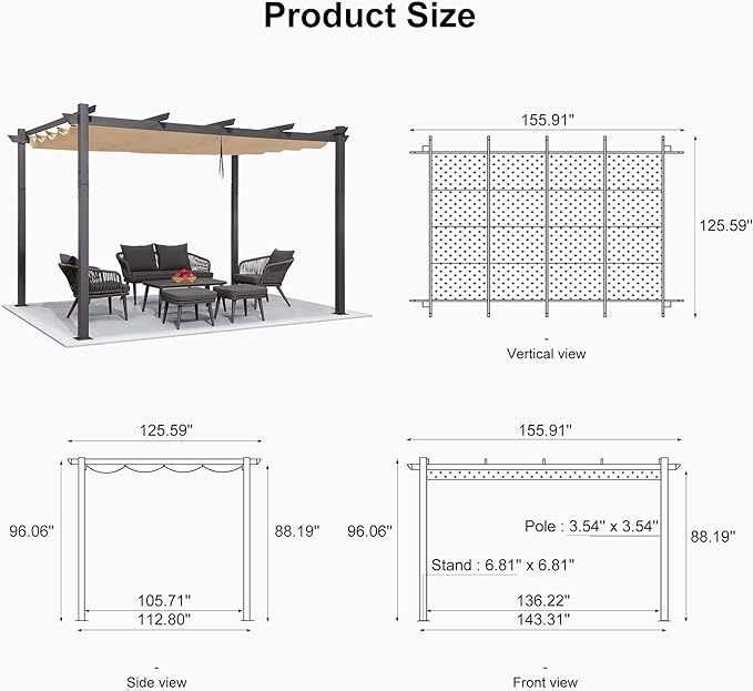 PURPLE LEAF 11' X 13' Outdoor Pergola with Retractable Canopy Aluminum Shelter for Porch Garden Beach Sun Shade Grape Trellis Pavilion Grill Gazebo Modern Backyard Deck Metal Patio Pergola Beige