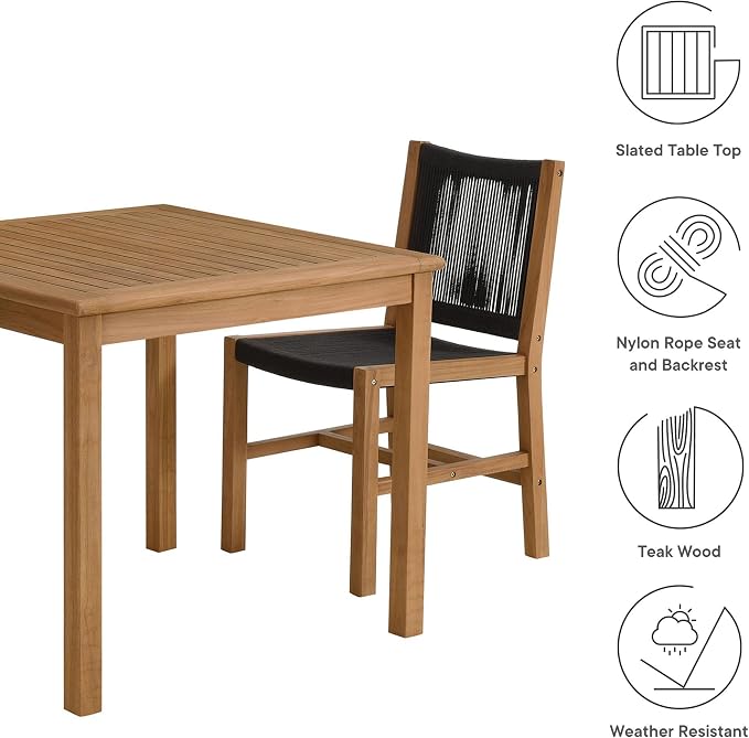 Modway Vienna Outdoor Patio Teak Wood 3-Piece Dining Set in Natural Black – Weather-Resistant Square Dining Table with Woven Rope Armless Chairs – Bistro Set for 2 – Chair Patio Set with Table