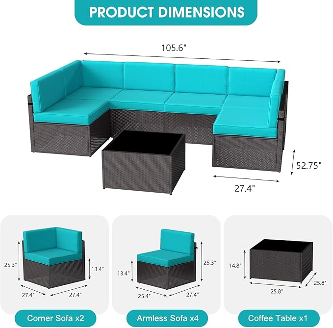 kinbor 7 Pieces Modular Patio Conversation Set - Outdoor Sectional Sofas with All-Weather Wicker, Thick Cushions & Glass Table for Garden, Backyard, Porch, Turquoise