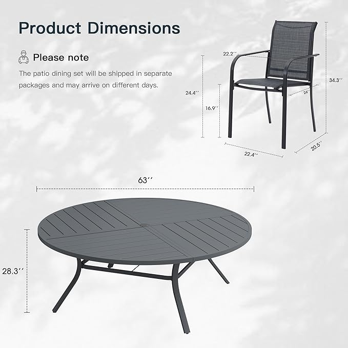 VICLLAX 11 Pieces Patio Outdoor Dining Set, 63" Round Metal Table with Umbrella Hole and 10 Stackable Textilene Chairs for Patio, Lawn, Garden, Porch, Dark Grey/Grey