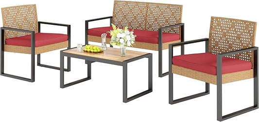 Sophia & William 4 Pieces Patio Conversation Set, Wicker Outdoor Furniture Set for 4, All Weather Outdoor Seating Set, Rattan Loveseat & Chairs with Cushions & Coffee Table, Yellow and Red