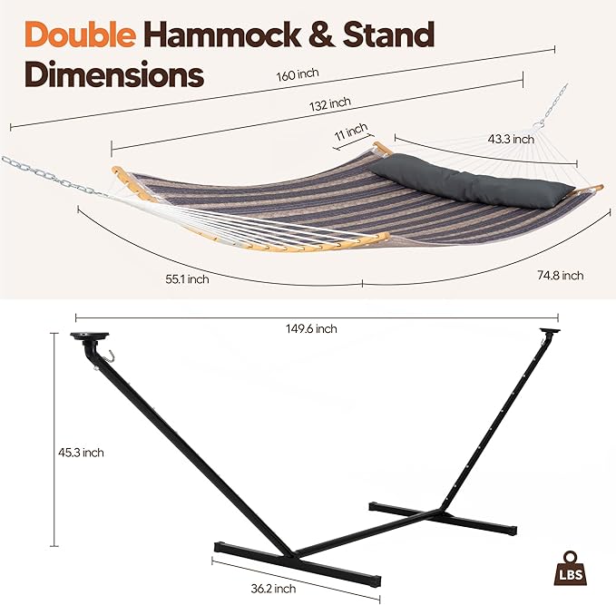 SUNCREAT Double Outdoor Hammock with 12 ft Stand, Stand Alone Hammock with Solar Powered Lights, Gray Stripes