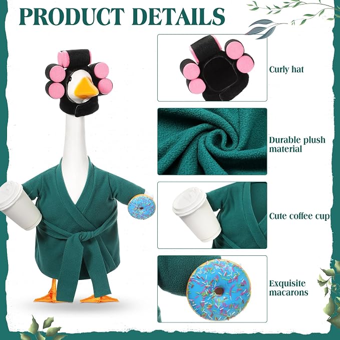 Shyyween Lady Porch Goose Outfit for 23 Inch Cement Plastic Statue Green Bathrobe Goose Clothes with Curlers Coffee Cup for Summer Lawn Garden Yard Patio Decor