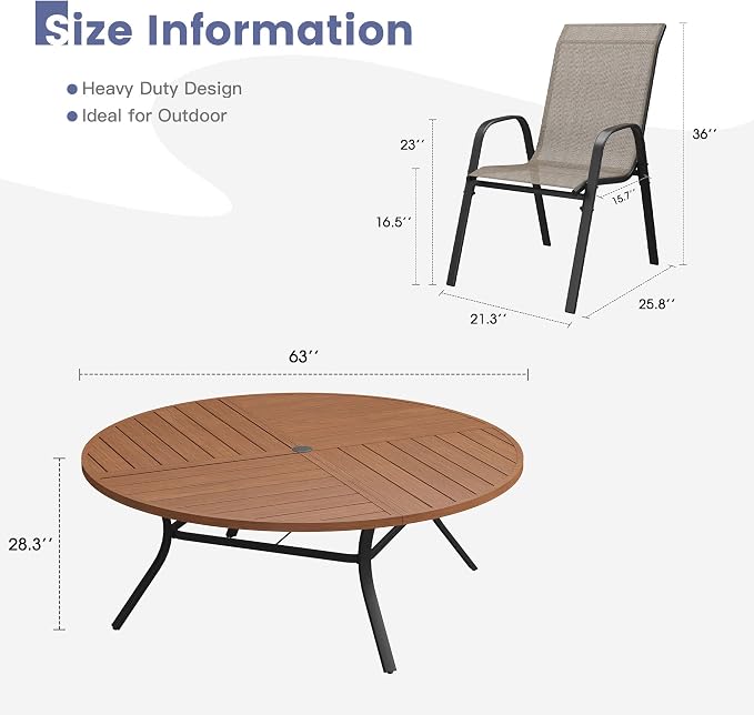 VICLLAX Round Outdoor Patio Dining Set for 10, Metal Slatted Patio Table with Umbrella Hole and 10 Stackable Patio Chairs for Deck Lawn Garden, Brown Fabric and Walnut Tabletop