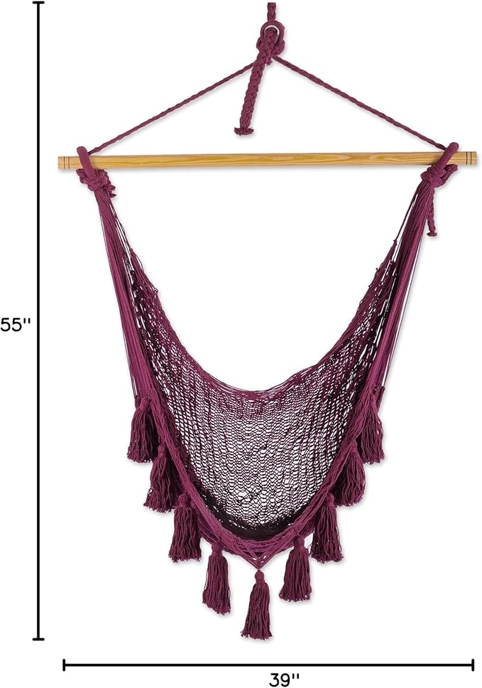 NOVICA Handmade Cotton Hammock Swing Tasseled Rope Mayan Wine from Mexico Burgundy Solid Tropical Decor 'Ocean Seat in Bordeaux'