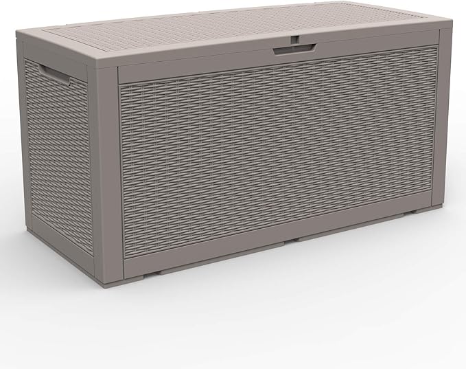 Modern-Depo 100 Gallon Deck Box Waterproof Outdoor Storage Bench | Polypropylene PP Garden Tools Pool Towel Storage Bin Porch Delivery Box, Gray
