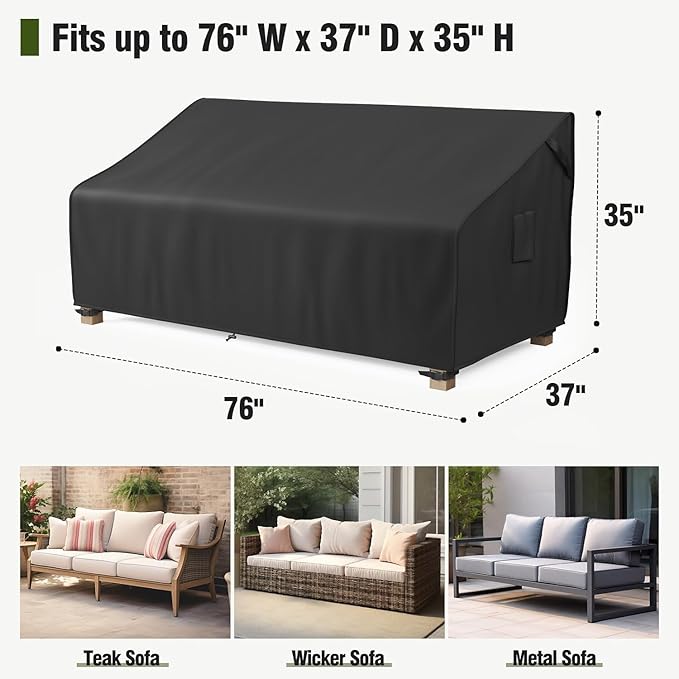 MR.COVER 3-Seater Outdoor Couch Cover Waterproof, Patio Furniture Cover for Sofa, Heavy Duty Outdoor Sofa Covers, Polyester & Double-Stitched Seams, Fits up to 76" W x 37" D x 35" H, Classic Black