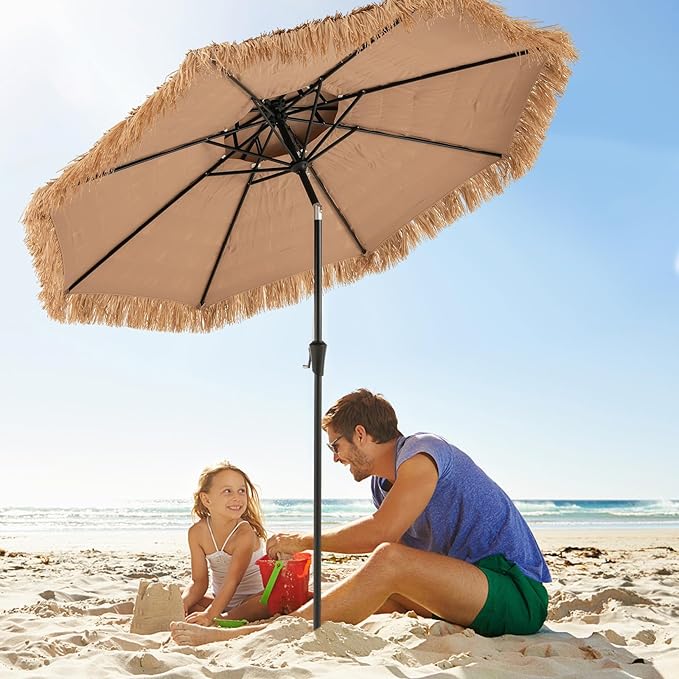 HAPPYGRILL 7.2FT Hula Thatched Tiki Umbrella w/Tilt, Hawaiian Style Beach Umbrella Patio Table Market Umbrella, Sun-Protective Portable Tropical Palapa for Outdoor Tiki Bar Garden Beach Pool Backyard (8.8 FT)