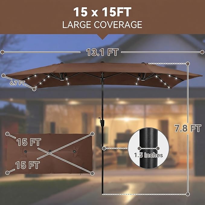 15×15ft Outdoor Patio Umbrella, Double Sided Market Rectangle Umbrella with Crank Handle, Large Sun Shade for Outside Deck, Backyard, Garden