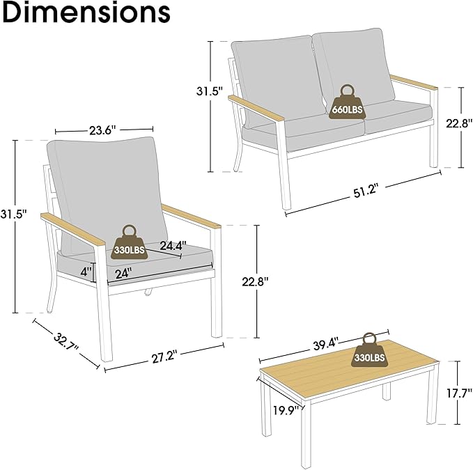 ivinta 4 Pieces Patio Furniture Sets with Coffee Table, Modern Wrought Iron Outdoor Conversation Sets with Removable Seating Cushion for Backyard Garden Porch, PF05 (Beige)