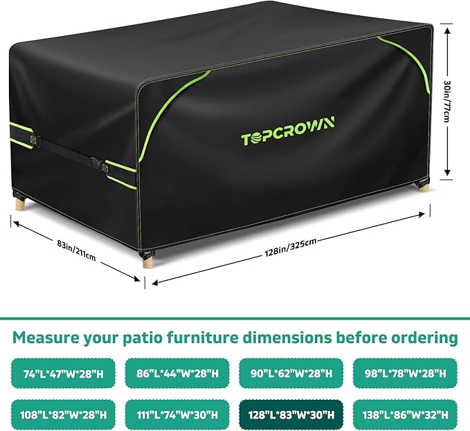 Topcrown Patio Furniture Covers Rectangular, Waterproof Anti-UV Oxford Fabric with Double Airflow Vents for Outdoor Dining Table and Chairs (420D Black+Green, 128"L x 83"W x 30"H)