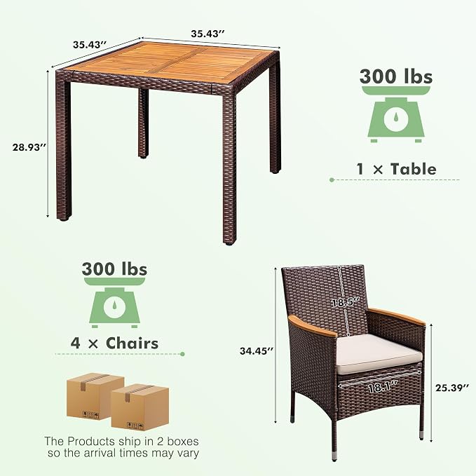 GUNJI 5 PCS Patio Table and Chairs Sets Small Outdoor Dining Set for 4 (Brown)