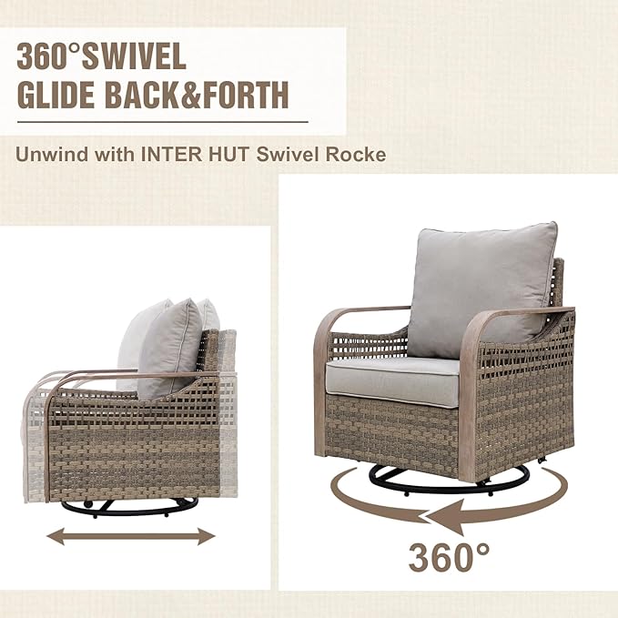 Modern Wicker Patio Furniture Set, Rattan Outdoor Conversation Set with Comfortable Cushions, 2 Swivel Rocking Chairs, 2 Seat Loveseat and 2 Ottomans, 5 Pieces, Brown/Gray