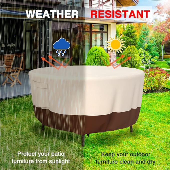 Tuyeho Round Patio Furniture Cover, Durable Oxford Fabric for Outdoor Round Table, Waterproof, UV & Rip Resistant Patio Table and Chairs Set Cover, 62"DIA x 28"H Beige & Brown
