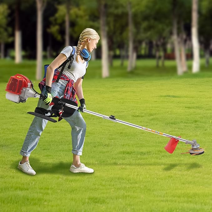 Gas Powered Weed Eater, 43cc 2-Stroke Cordless Lawn Edger Gas String Trimmer with Two Blade Heads, Trimmer Power Gasoline Chainsaw for Home Lawn Mowe, Orchard Mowing, Tea Garden Mowing