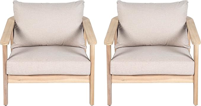 Merax 2 Piece Outdoor Acacia Wood and Wicker Club Chair, Light White Finish with Beige Cushion, Patio Garden Armchair