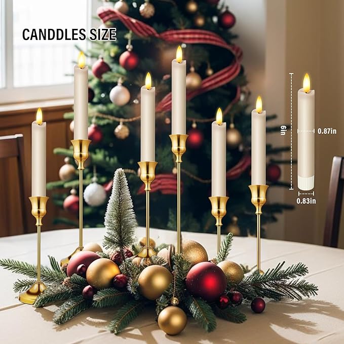 KSWING Upgraded Real Wax Short LED Flameless Taper Candles with Remote, 6 PCS Mushroom Beige Candlesticks Battery Operated 3D Flickering for Home/Wedding/Fireplace Xmas Decor