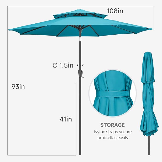 FLAME&SHADE 9ft Patio Umbrella - 2 Tiers Outdoor Umbrella with Push Button Tilt and Crank for UV Protection, Table Market Umbrella for Garden, Deck, Backyard, Pool and Beach(Aqua Blue)