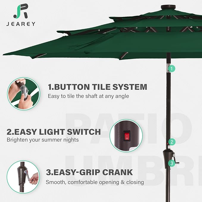 JEAREY 3 Tiers Patio Umbrella with Solar Lights 9ft Outdoor Market Table Umbrellas with Push Button Tilt for Outside Pool Garden, Dark Green