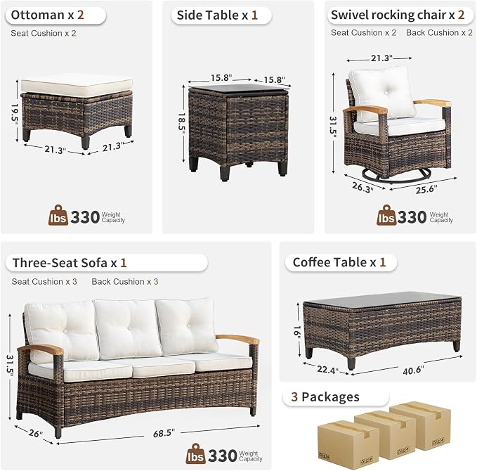 MEISSALIVVE 7 Pieces Patio Furniture Sets,PE Wicker Outdoor Furniture Conversation Sets with 2 Wood Armrests Swivel Rocker Chairs, 2 Ottoman, 3-seat Sofa and Coffee Table(Beige)