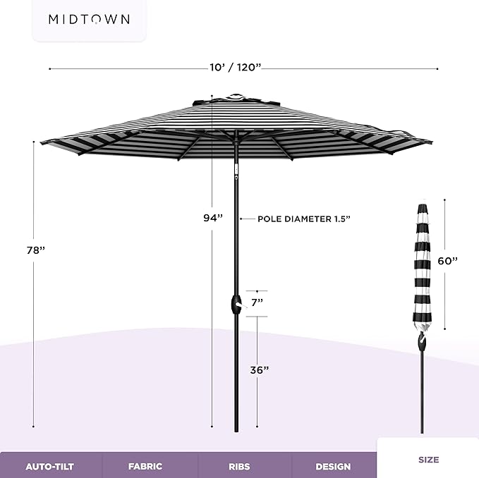 Midtown Umbrellas - The Lean 10 Ft Patio Umbrella with Fade-Resistant Sunbrella Fabric, Auto-Tilt Aluminum Frame and 8 Reinforced Ribs for Deck, Pool & Garden - Canvas Glacier Canopy, Black Pole