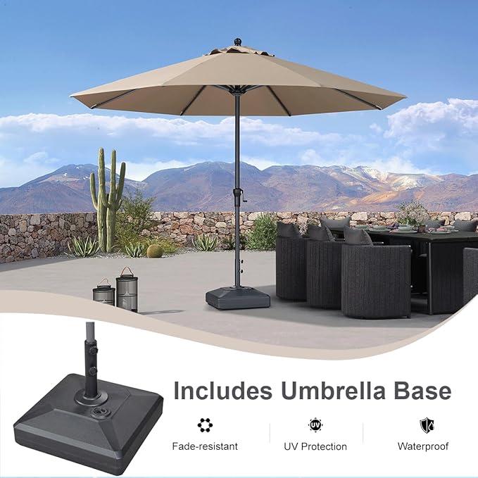PURPLE LEAF 11' Round Patio Market Umbrella with Base Outdoor Table Umbrellas Aluminum Frame Sun Shade with 8 Sturdy Ribs for Garden Deck Lawn Pool Taupe