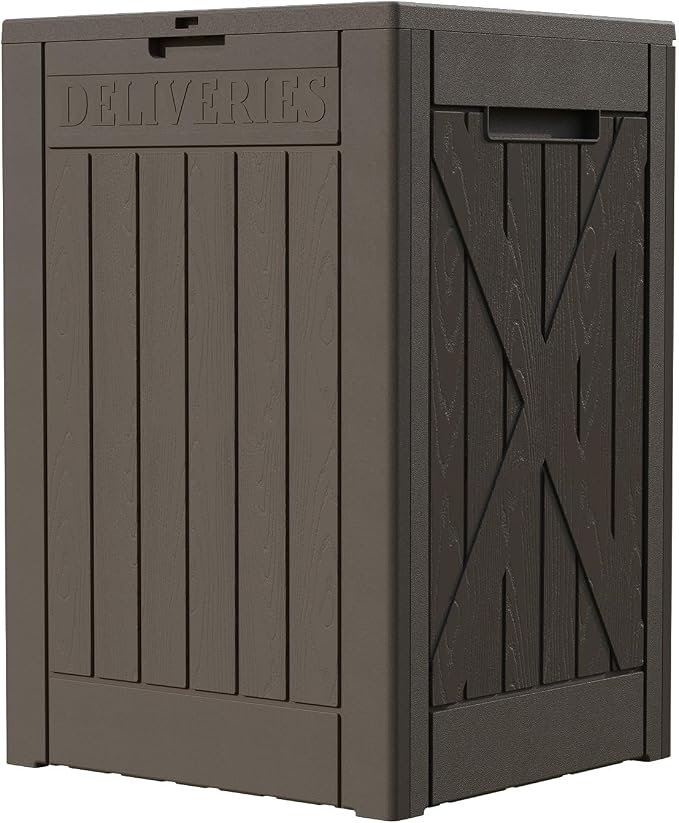 Patiowell 48-Gallon Resin Package Delivery Box for Outside, Waterproof Storage Deck Box with Lockable Secure (Brown)