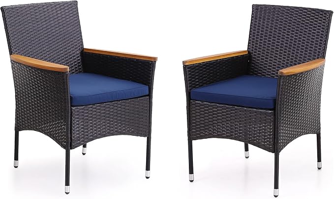 PHI VILLA High Back Wicker Patio Dining Chairs Set of 2, Wood Armrest | 2 Rattan dining chairs with thick removable seat cushions. Sturdy steel frame, easy assembly.