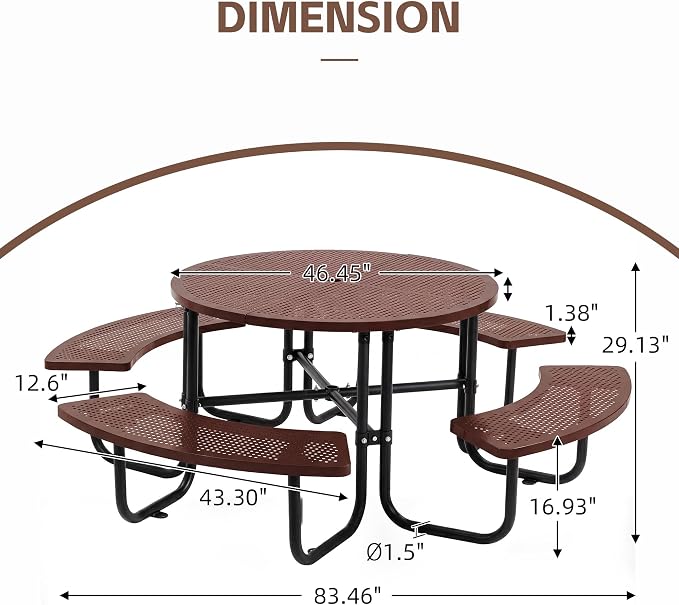 46" Outdoor Round Perforated Picnic Table Metal Camping Table with Umbrella Hole - Heavy Duty Steel Mesh Picnic Bench Set for Backyard Garden Deck, Brown