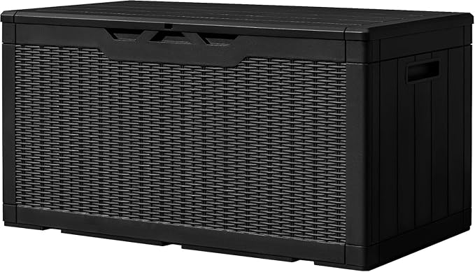 100 Gallon Resin Deck Box Large Outdoor Storage with Imitation Rattan Weave Texture Weatherproof UV Resistant Lockable for Patio Furniture Garden Tools Pool Supplies Dark Black