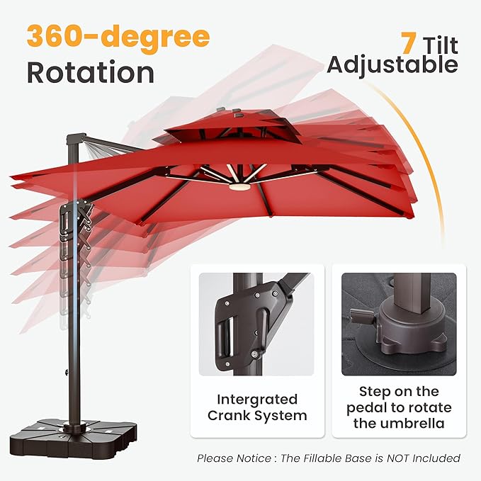 9x12 FT Cantilever Patio Umbrella with Led Lights Double Top Outdoor Rectangular Large Heavy Duty Aluminum Offset Umbrellas with 7 Level Tilt 360-degree Rotation for Pool Garden Deck, Wine Red