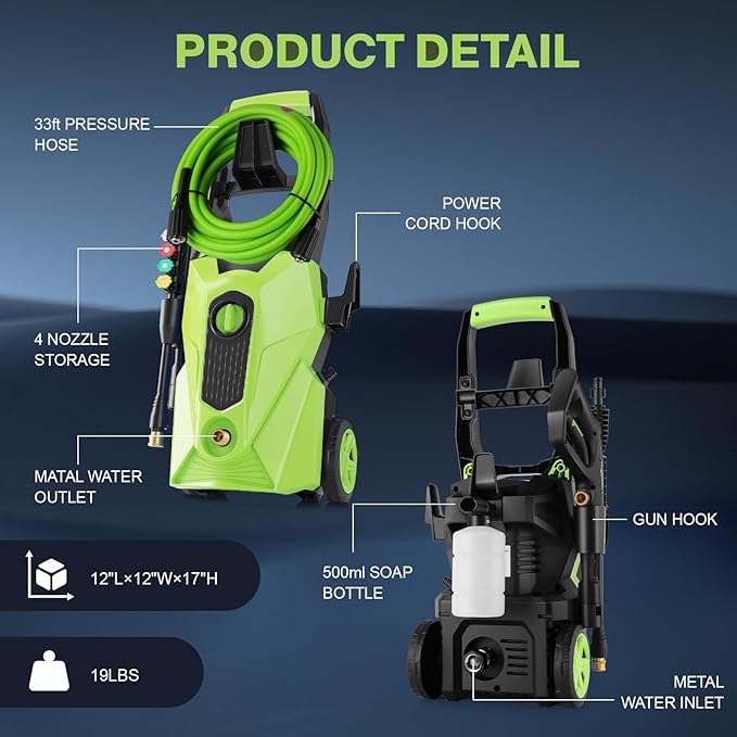 2026 New 5000PSI Electric Pressure Washer, Power Washer with 33FT Resistant Extension Hose and 4 Nozzles, Compatible with Undercarriage washers, Professional Powerwashers for Home/Car(Green)