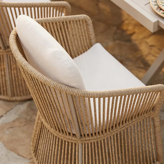 SUNSITT 7 Piece Outdoor Patio Dining Set, 65" - 107" Metal Expandable Outdoor Dining Table with X-Shape Legs, 6 Woven Wicker Outdoor Patio Chairs w/Curved Armrest for Garden, Beige