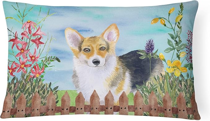 Caroline's Treasures CK1204PW1216 Pembroke Corgi Spring Canvas Fabric Decorative Pillow Machine Washable, Indoor Outdoor Decorative Pillow for Couch, Bed or Patio, 12HX16W