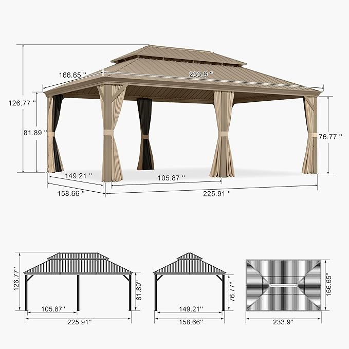 PURPLE LEAF Outdoor Gazebo 14'X20'，Champagne Hardtop Gazebo with Galvanized Steel Double Roof, Permanent Patio Gazebo with Curtains and Netting for Patio Lawn Garden and Deck