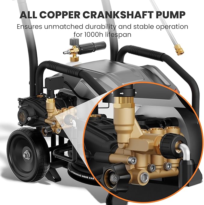 Giraffe Tools Crossfalls Retractable Pressure Washer Ultra, Max 2.6GPM 1650PSI with 1800W Brushless Motor, Wall Mount Electric Power Washer, 4-Nozzle, Automatic Rewind, 50ft Pressure Hoses with Cart