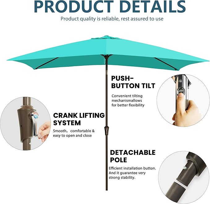 6.5x10FT Rectangular Patio Umbrella with Push Button Tilt & Crank Lift for Garden,UV Protection Outdoor Umbrella for Deck,Pool and Yard,Turquoise