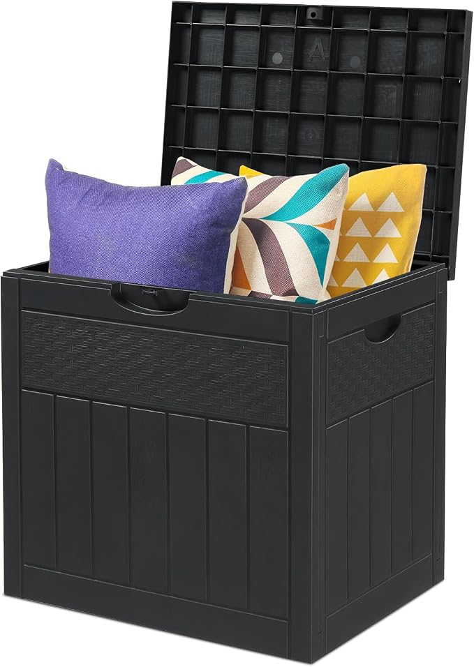 OOD & Rattan Plastic Garden Storage Box,30 Gallon Resin Outdoor Storage Box and Patio Furniture Side Table for Pool and Garden Accessories, Gray