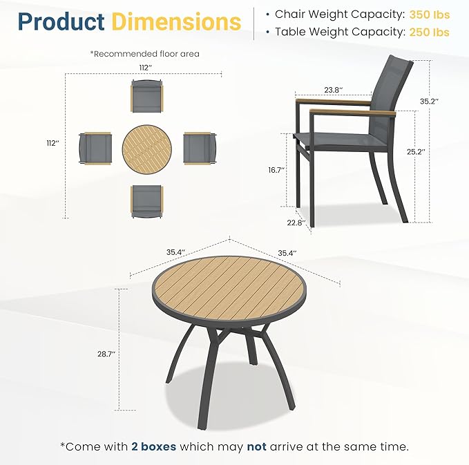 5-Pieces Aluminum Patio Table and Chairs Set, Outdoor Patio Furniture Set with Heavy Duty HDPS Round Table, All-Weather Outdoor Dining Set with Breathable Quick-Drying Textilene Chairs for Patio