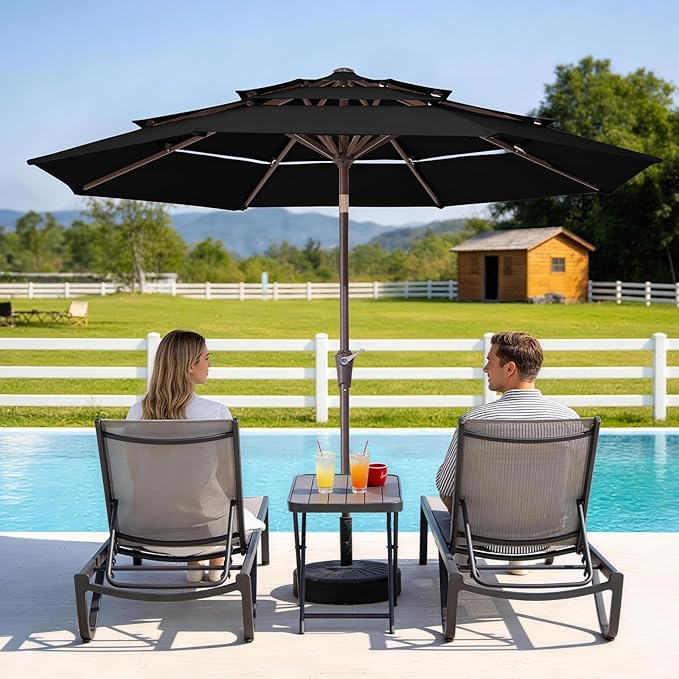 JEAREY 9FT 3 Tier Patio Umbrella Outdoor Market Umbrella Table Umbrellas with 8 Ribs 1.5 Pole Push Button Tilt and Crank UV Protection for Garden,Black