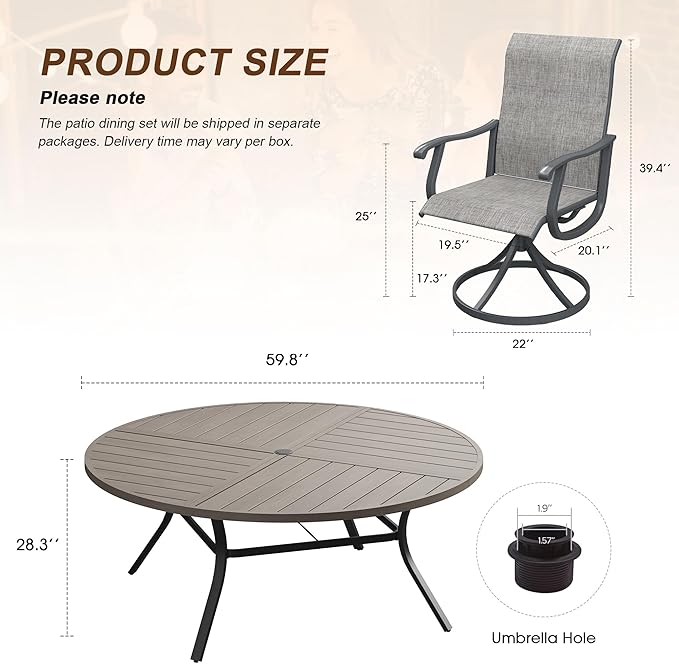 VICLLAX Patio 9 Pieces Outdoor Dining Set, 60" Round Metal Table with Umbrella Hole and 8 Swivel Textilene Chairs for Lawn, Garden, Porch, Grey