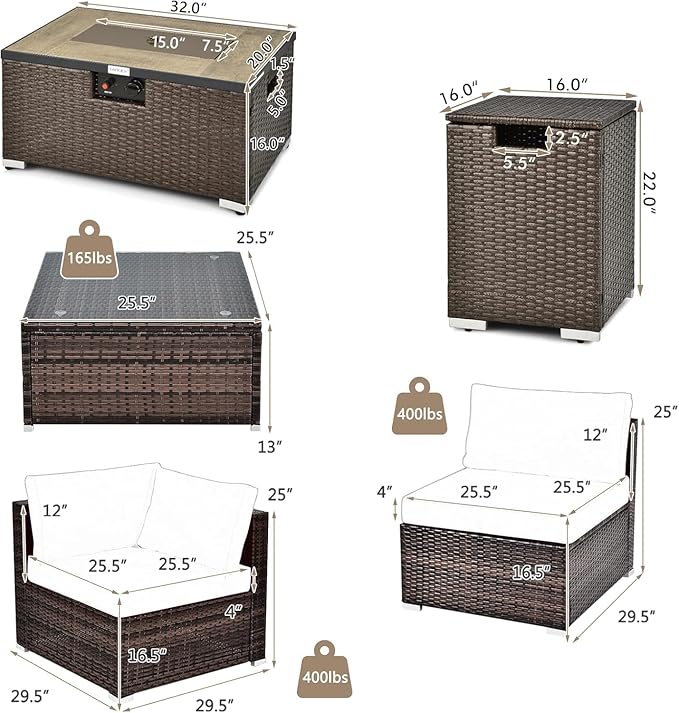 RELAX4LIFE 8-Piece Patio Furniture Set - Rattan Wicker Sectional Sofa Set w/Cushions, 32’’ Outdoor Gas Propane Fire Pit Table & Tank Holder, 40000 BTU Heat Output, PVC Cover for Firepit (Off White)