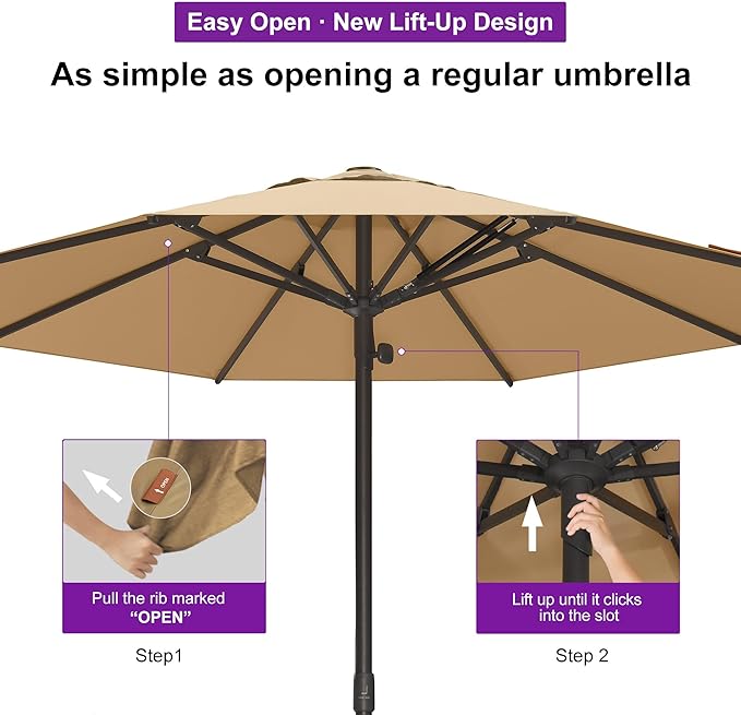 PURPLE LEAF 11Ft Round Semi-Auto Outdoor Patio Umbrella Aluminium Market Umbrella Table Sun Umbrella with 1.89" Rod and 8 Sturdy Ribs for Deck Lawn Pool Garden, Beige