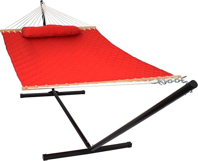Sunnydaze Quilted Fabric Double Hammock with 12-Foot Stand - 400-Pound Capacity - Black Stand - Red
