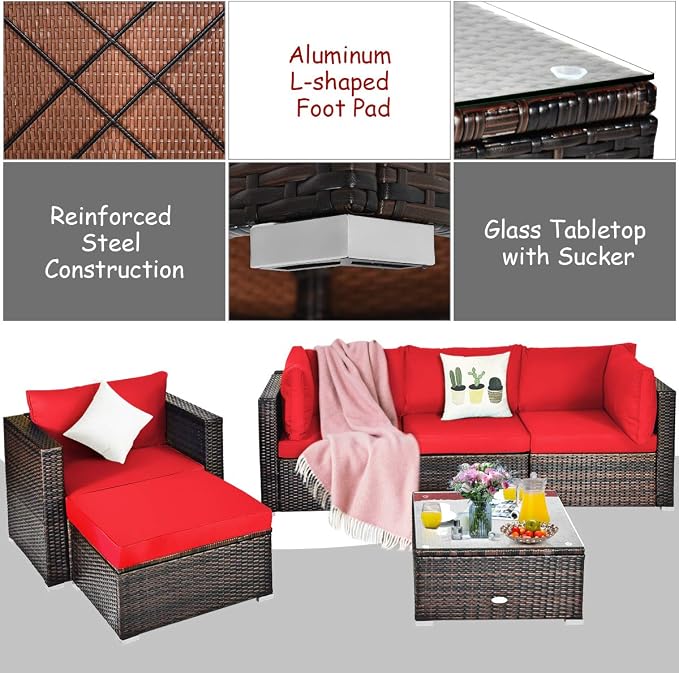 Tangkula 6 Pieces Wicker Patio Furniture Set, PE Rattan Outdoor Sectional Conversation Set with Glass Coffee Table & Ottoman, Wicker Sofa Set with Cushions for Yard Garden, Deck, Porch (Red)